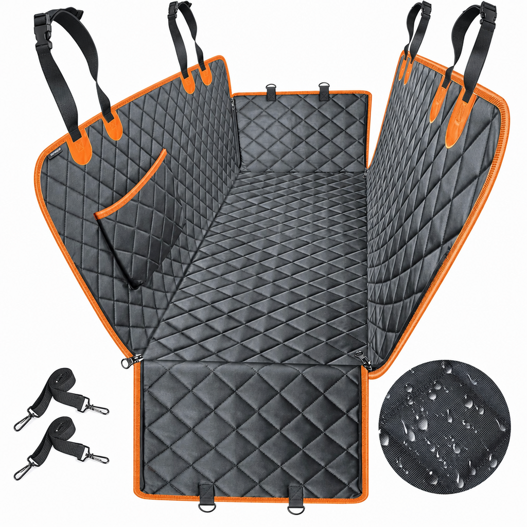 Backseat Buddy waterproof dog car seat cover, charcoal quilted with orange trim