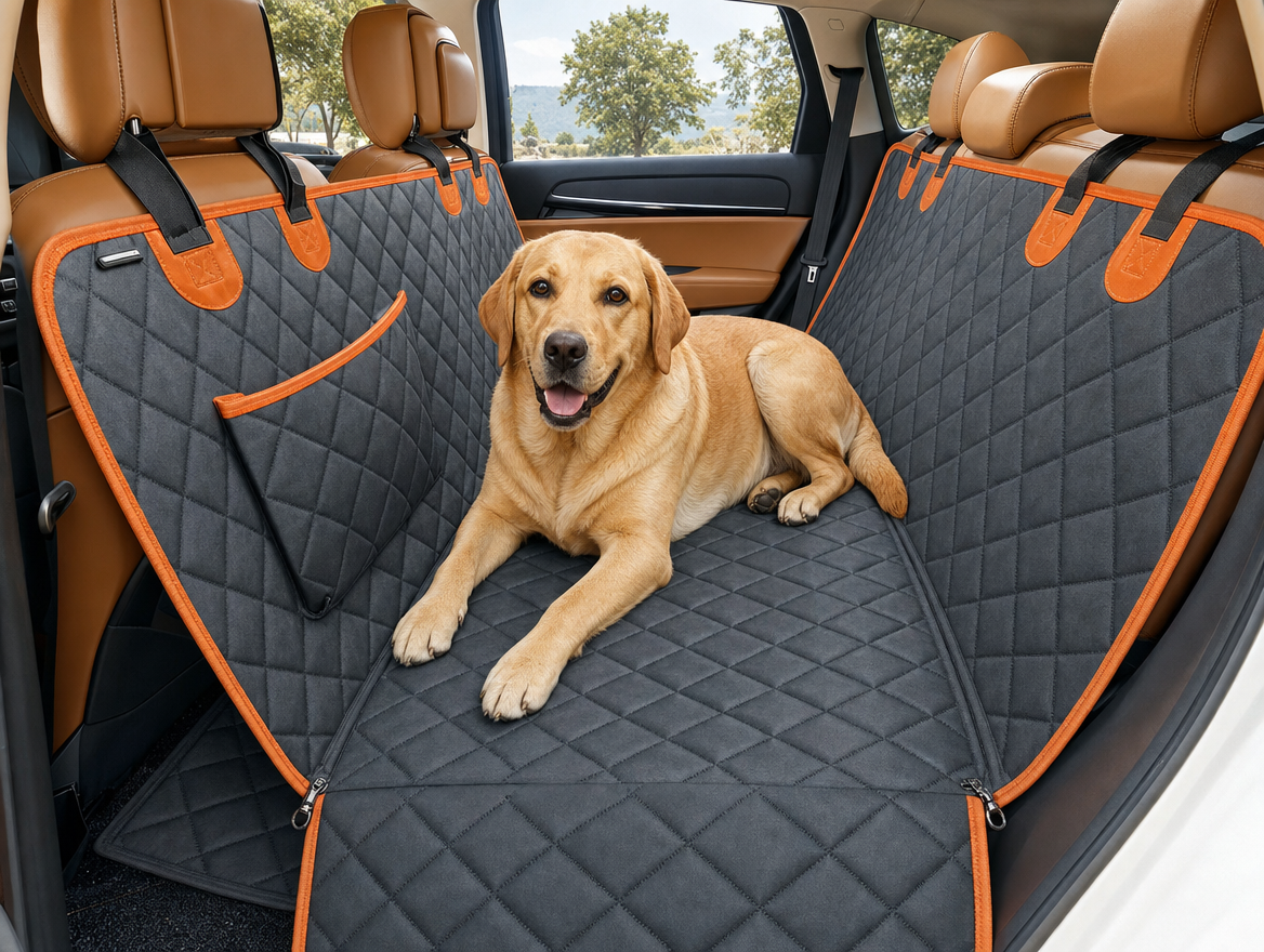 Labrador relaxing on the Backseat Buddy cover in bench mode