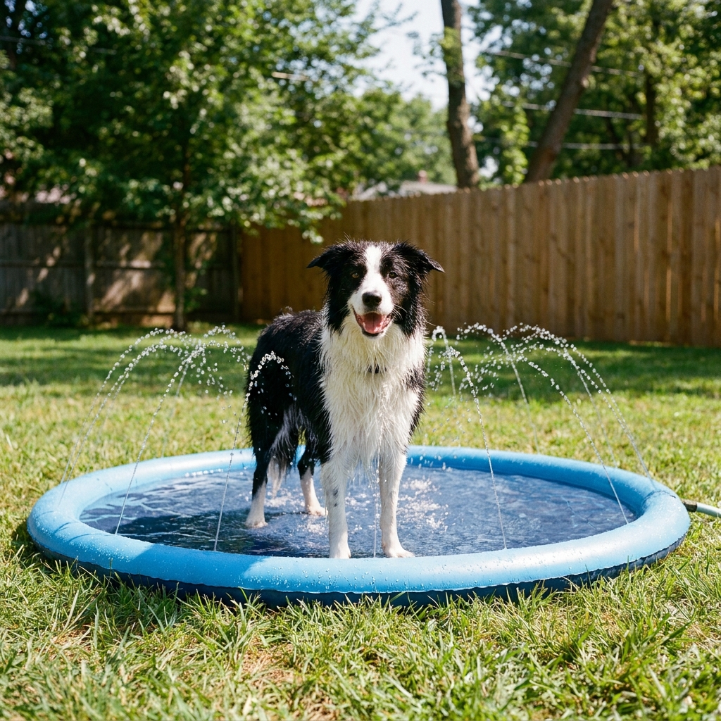 Border collie standing in the large splash pad