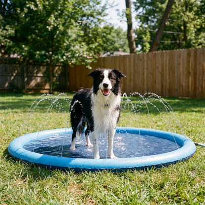 Border collie standing in the large splash pad