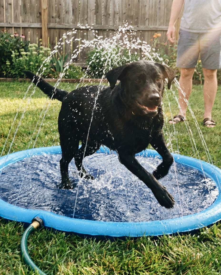 Black lab splashing in the Barkyard splash pad